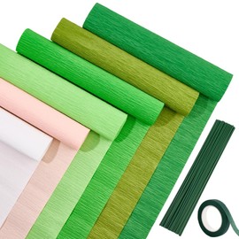 CRASPIRE 58Pcs Crepe Paper Streamers Rolls Colourful Paper Flower DIY Kits 6 Rolls Crepe Paper Sheets 36M Green Tape 50Pcs Floral Iron Wire for Wedding Birthday Holiday Party Decor(9.84inx8.2ft/Roll)