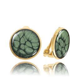 Classic Small Round Clip Earrings - Clip On Earrings Without Pierces; Every Day Original for Women (Dark Green Gold)