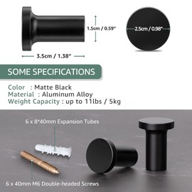 GUWINA Children's Single Modern Coat Hooks, Black, 6 Coat Hooks, Wall Hooks, Heavy Duty for Screwing on for Wardrobe, Kitchen, Bathroom, Children's Room