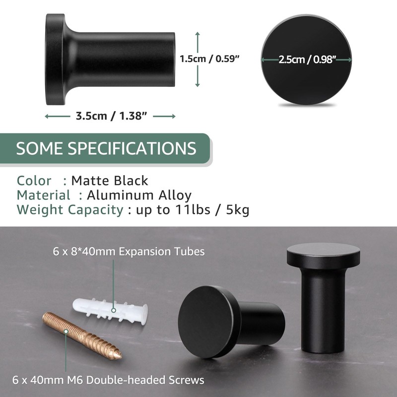 GUWINA Children's Single Modern Coat Hooks, Black, 6 Coat Hooks,