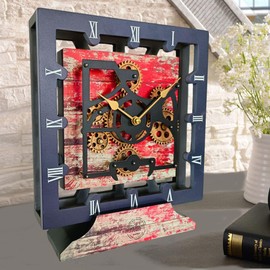 THE GEARS CLOCK Desk Clock 10 Inches with Real Moving Gear Square Convertible Into Wall Clock (Red Lava)
