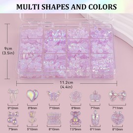 Multi Shapes Acrylic Nail Charms for 3D Nail Art, Purple Heart Flower Bow Star Butterfly Pearl Starry AB Gems and Cute Charms for DIY Decorations and Nail Design with Pickup Tool