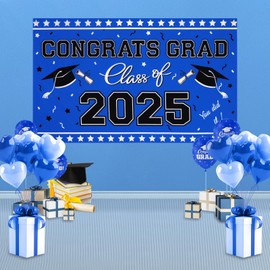 Zienlay Graduation Decorations 2025 - Class of 2025 Graduation Photo Backdrop, 65” x 39.4” Congrats Grad Banner, Black and Blue Graduate Decor for High School, College Grad Party Supplies