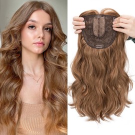 SEGOHAIR Synthetic Hair Topper for Women, 6"x6" Lace Base, Covers Gray Hair, Thinning, High Hairlines, Soft Natural Wavy Hair, Apply with 4 Clips, Center Parted Bangs 18" Brown Mixed Blonde
