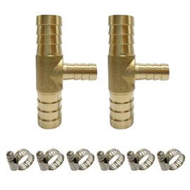 Closmos 2pcs Brass Hose Barb Reducer Tee Reducing T-fitting, 3/4" Barbed x 5/8" Barbed x 3/4" Barbed 3 Ways Connector with 6pcs Hose Clamp