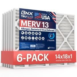 BNX TruFilter 14x18x1 Air Filter MERV 13 (6-Pack) - MADE IN USA - Electrostatic Pleated Air Conditioner HVAC AC Furnace Filters for Allergies, Pollen, Mold, Bacteria, Smoke, Allergen, MPR 1900 FPR 10