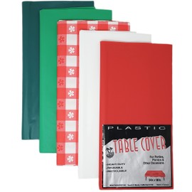New Paradise Heavy Duty Plastic Disposable & Reusable Table Covers, Rectangular Size 54" x 108" (5 Count) - Christmas Combo