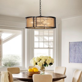 SupMaka 17.7" Farmhouse Rattan Chandelier, 4-Light Large Bohemian Pendant Hanging Light Fixture, Hand Woven Boho Chandelier for Dining Room, Living Room, Kitchen Island, Bedroom, Hallway, Foyer