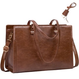 RAINSMORE Laptop Bag for Women 15.6 Inch Vintage Leather Professional Work Tote Bag Waterproof Computer Bag Shoulder Bag for Business Office, Retro Brown