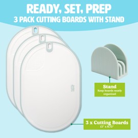 Tasty Cutting Board Set, Cutlery Set includes three 13" x 8.75" reversible boards with Convenient Stand, Dishwasher Safe