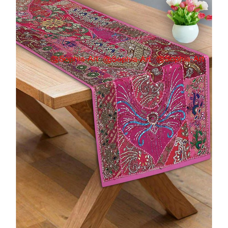 Ethnic Cotton Decorative Indian Dinning Art Table Patchwork Beads Embroidered