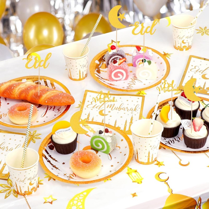 2Pcs Ramadan Table Cloth for Eid Tablecloths Party,130*220cm White Gold