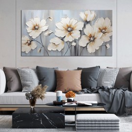 Rxrpexjke Large Canvas Wall Art Modern Wall Decor White Flower Theme Picture Wall Art with Frame Canvas Decorative Artwork Living Room Bedroom Home Office Hangable Decorative Painting Size 30x60