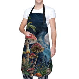Kibue Mushroom Forest Apron, Kitchen Cooking Baking Adjustable Polyester Charming Moonlit Aprons for Women Men, with 2 Pockets, 28×33in, Ideal Gifts for Wife, for Chef Gardening Grilling Cleaning