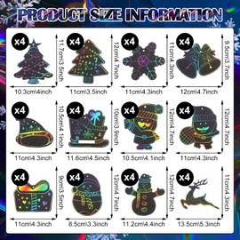 VEQENIFY Pack of 48 Christmas Scratch Pictures, Scratch Pictures for Children, Rainbow Christmas Scratch Paper, Crafts Christmas Children, Scratch Painting Set, Scratch Pictures Christmas for