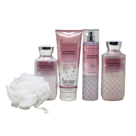 Bath and Body - Strawberry Snowflakes Deluxe Gift Set Body Lotion - Body Cream - Fragrance Mist and Shower Gel and FREE Shower Sponge Lot of 5 Full Size
