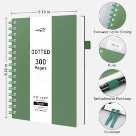 RETTACY Bullet Dotted Journal, A5 Spiral Dotted Notebook with 300 Pages, 5.7" × 8.2", Medium Size, 100 GSM Thick Paper, Flexible Plastic Cover, Bullet Journaling, Planning, Tracking (Dark Green)