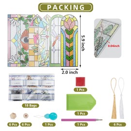 SWATOM 6 PCS 5D Diamond Painting Bookmarks Stained Glass Acrylic Diamond Art Bookmark with DIY Painting Kits Tassels & Wood Beads Pendant Rhinestone Bookmarks