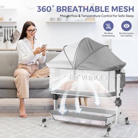 MOMFANN Baby Bassinet Bedside Sleeper, Upgraded Stability Bedside Crib with Full Mesh Sides, Soft Sheet, 6-Height Adjustment, Storage Basket, Easy Folding Portable Bassinet for Newborns, Gray
