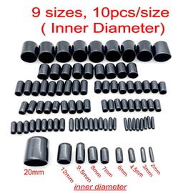 JZK 90 pieces, 2 mm, 3 mm, 4.5 mm, 6 mm, 7 mm, 8 mm, 9.5 mm, 12 mm, 20 mm, screw thread protection, black round rubber screw head cover, bolt cap, end caps made of soft plastic for pipes, cables,
