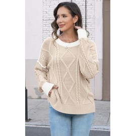 Disamer Womens Sweaters Oversized Cable Knit Sweater Fall Clothes 2025 Fashion Outfits Long Sleeve Crewneck Chunky Pullover,Pure Apricot,Small