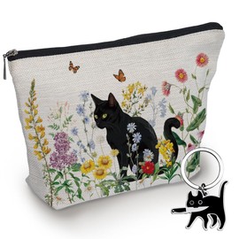 2 Pcs Aesthetic Makeup Bag Gift for Women, cat lover keychain, Vintage Cute Black Cat and Flower Reusable Makeup Bag Gift for Women, Cat Gifts for Cat Lovers, Cat Owners Gifts, Cat Mom Gifts