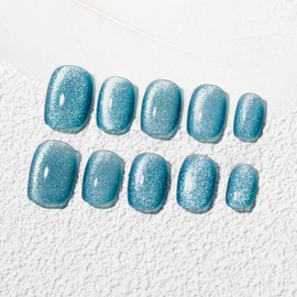 Sun&Beam Nails Handmade Nail Tip, Short, Round, Blue, False Nails, Magnet, Solid, One Color, Simple Design, Stylish, Set of 10 (#249 S)