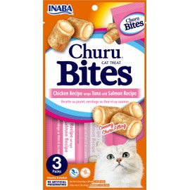 INABA Churu Bites for Cats, Grain-Free, Soft/Chewy Baked Chicken Wrapped Churu Filled Cat Treats with Vitamin E, 0.35 Ounces Each Tube| 24 Tubes Total (3 per Pack), Tuna with Salmon Recipe