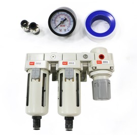 RIH Pneumatics 1/2'' NPT Auto Drain Compressed Air Double Filter & Regulator, Air Drying System, Air Compressor Water Separator, Auto Drain, Poly Bowl,0-150 psi Gauge, 5 Micron Brass Element (1/2 NPT)