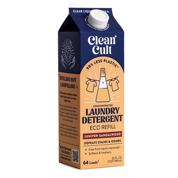 Cleancult Laundry Detergent Refills (32oz, 1 Pack) - Laundry Soap that Defeats Stains & Odors - Free of Harsh Chemicals - Paper Based Eco Refill, Uses 90% Less Plastic - Juniper Scandalwood