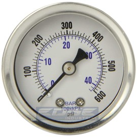 GAUGE Stainless Steel Liquid Filled Pressure, Back Mount 1/8" NPT, 1.5" FACE DIAL, WOG Rated (0-600 PSI)