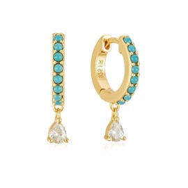 Turquoise Dreams: Sterling Silver Hoop Earrings with Zircon Bling and Turquoise Stone, Sterling Silver, Turquoise Cubic Zirconia