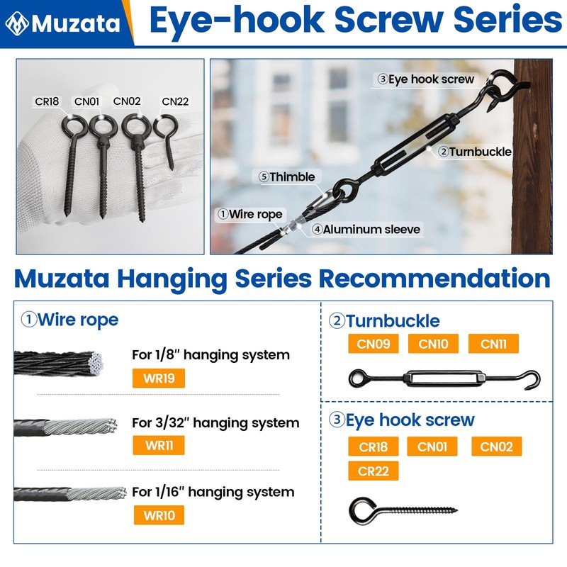 Muzata 10 Pack Black Screw Eye Hooks 3.3 Inch Stainless