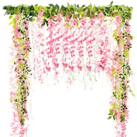 6Pcs Wisteria Artificial Flowers Garland, 6Ft/Piece Artificial Wisteria Vine Hanging Flower Greenery Garland for Home Garden Outdoor Wedding Arch Floral Decor Deep Pink&Light Pink&White