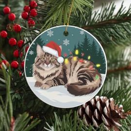 Maine Coon Cat Round Ceramic Ornament 3 inches Colorful Winter Scene with Christmas Lights and Santa Hat