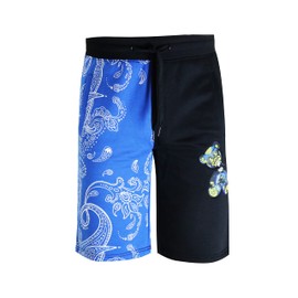 SCREENSHOT-SP1166 Mens Streetwear Premium Classic Fit Urban Fleece Shorts - Half Color Block Pattern Bear Animation Fashion Sweatshorts-Royal/Paisley-2XLarge