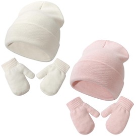 DRESHOW Toddler Beanie Children's Winter Hats and Mittens Set for Children Warm Soft Baby Knitted Hat and Gloves for 3 Months - 5 Years Girls Boys, 2 Sets Hats & Gloves: White + Pink