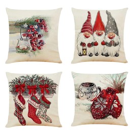 Ndjiloik Pack of 4 Christmas Cushion Covers, Cotton Linen Cushion Cover, 45 x 45 cm, Merry Christmas Decorative Cushion Cover