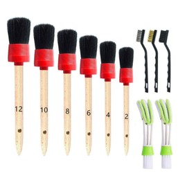 FUNNTY 11Pcs Auto Detailing Set（6 Sizes）, Boar Hair Brushes, Steel Wire & A/C Brushes, Red, Soft Bristles, Wood Handles for Cleaning Interior, Exterior, Leather