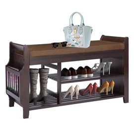 NURTUDIS Shoe Rack Bench,Bamboo Shoe Storage Stool with Removable Cushion, 2-Tier Entryway Shoe Storage Organizer Shelf with Side Drawer and Book/Umbrella Basket for Living Room, Bedroom(Large)