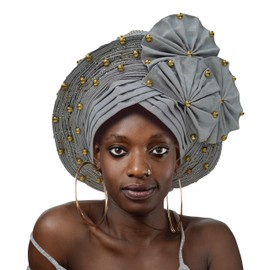 Diadema de gel nigeriano con cuentas y piedras, diadema africana para mujer, ya hecha para automóvil, color plateado, 1