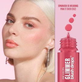 Revlon Glimmer Blush Drops, Liquid Blush for Cheeks, Liquid to Velvety Powder Finish, Glowy, High Pigment, 102 Pink It Over, 0.32 fl oz