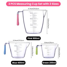 3PCS Plastic Measuring Jugs, BPA-Free Measuring Jug for Kitchen & Baking, Measuring Jug Set with Handle, Plastic Jug with Measure Scale and Easy to Read Measurements, Mixing Jug with 200ML/400ML/900ML