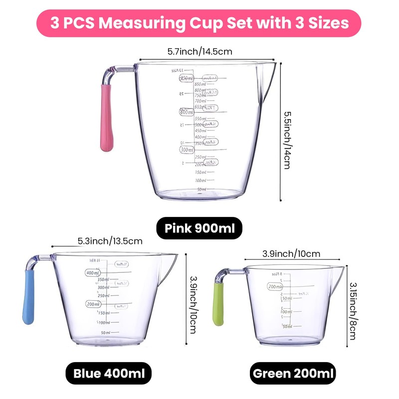 3PCS Plastic Measuring Jugs, BPA-Free Measuring Jug for Kitchen &