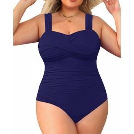 Yonique Traje de baño de una pieza para mujer, talla grande, control de abdomen, traje de baño fruncido, Azul marino, 20 Plus