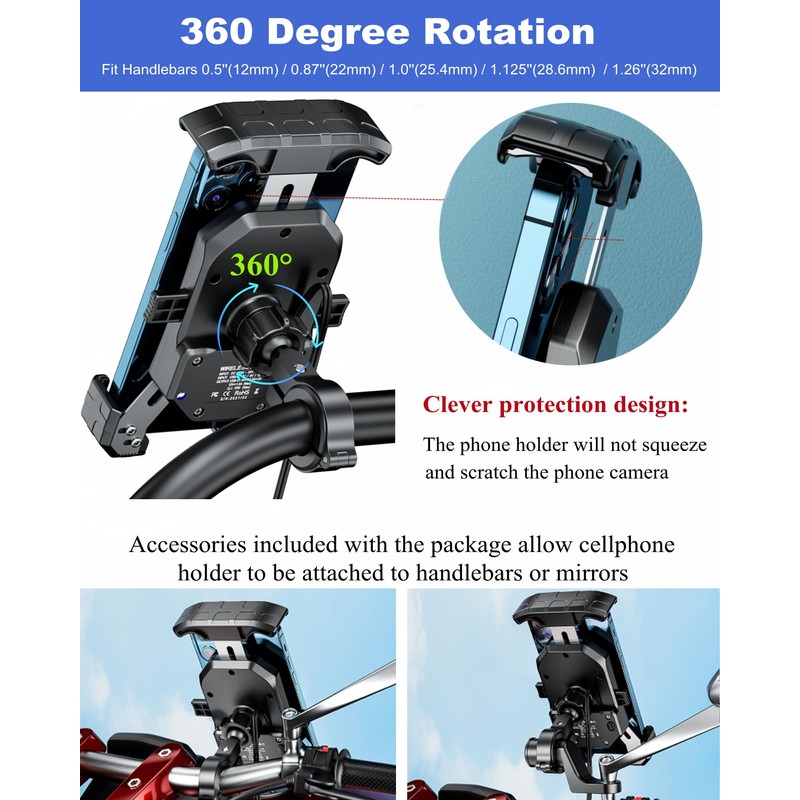 BRCOVAN Motorcycle Phone Mount Holder with Qi 15W Wireless Charger
