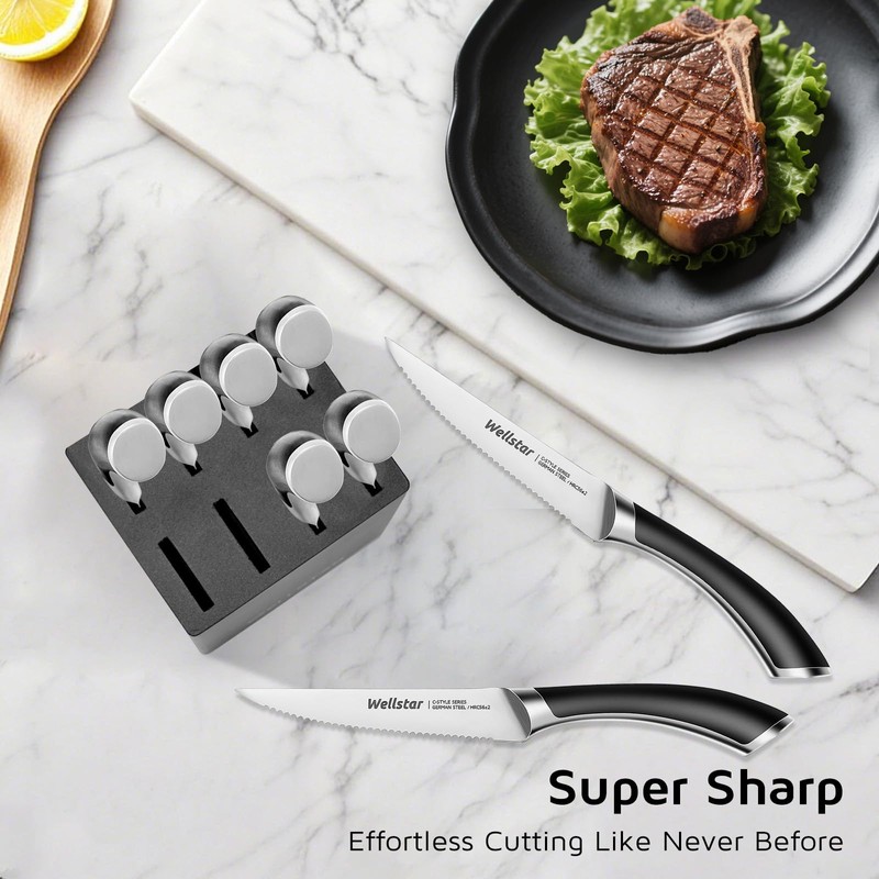 WELLSTAR Steak Knives Set of 8 with Wood Block, 4.75