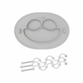 Silicone Suction Toddler Plates - Baby Plate Placemat for First Foods,Self-Feeding Plate for Kids + 3 Divided + 2 Tethers - Dishwasher Safe (Light Grey)