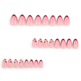 Short Almond Valentines Press on Nails Glossy Red French Tips False Nails Gold Foil Stick on Nails Red Love Heart Acrylic Fake Nail Romantic Gift Gel Glue on Nails for Coquette Women Girls 24Pcs