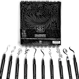 Calligraphy Brush Pens Pack of 10 Markers for Hand Lettering, Art Drawing, Sketching, Scrapbooking, Journaling - Beginner Kit with Fadeproof Black Ink